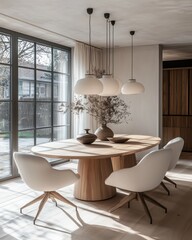 Modern Dining Room with Natural Wood Table, White Upholstered Chairs, Pendant Lighting, and Floor-to-Ceiling Windows, Perfect for Minimalist Interiors, Scandinavian-Inspired Spaces, and Cozy Gathering