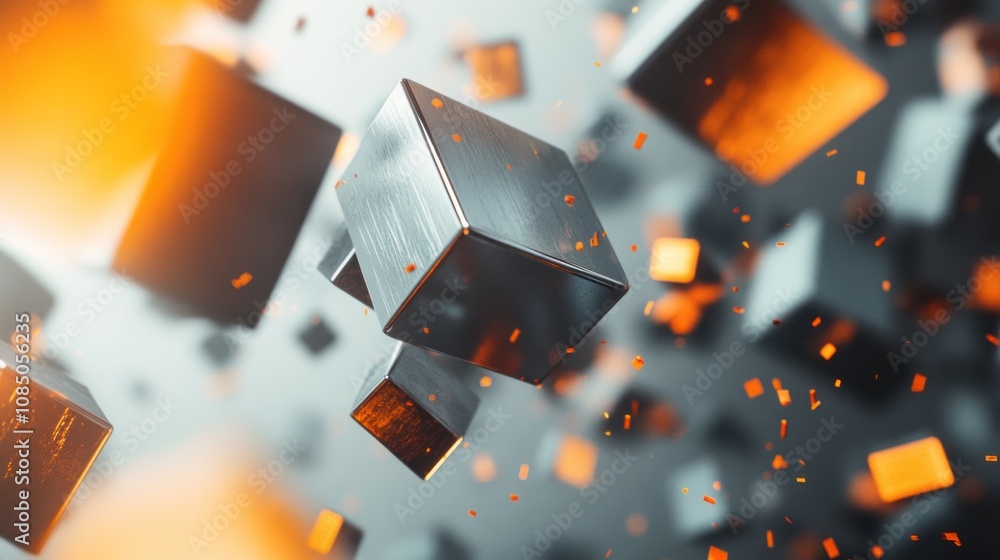 Poster abstract metallic cubes floating in a dynamic, glowing environment.