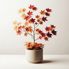 Fototapeta premium decorative maple in a thanksgiving pot with yellow-orange dark red leaves on white background