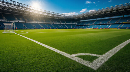 Soccer pitch with the goal and net on a grassy field - empty arena stadium