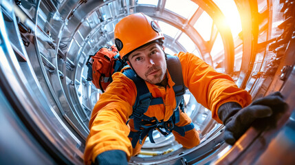 wind turbine technician in orange jumpsuit climbs inside turbine, showcasing determination and focus. bright orange helmet and gear highlight safety in challenging environment