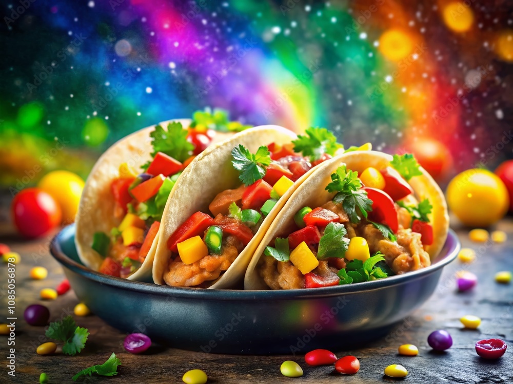 Poster slow cooker chicken tacos with abstract rainbow paint strokes and bokeh effect capturing the essence