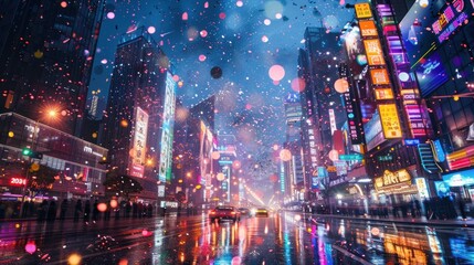 A vibrant city street scene at night with colorful lights and falling confetti.