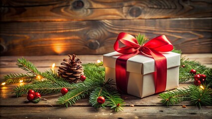 A Festive Scene with a White Gift Box Tied with a Red Ribbon on a Rustic Wooden Table Surrounded by Holiday Decor for a Warm and Inviting Atmosphere