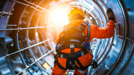technician in orange jumpsuit climbs inside large industrial structure, showcasing their dedication and focus. bright light creates dramatic atmosphere