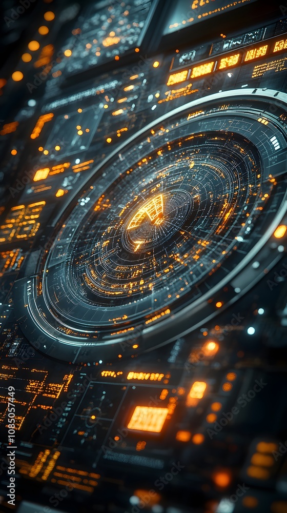 Poster abstract digital interface with glowing elements, resembling a futuristic control panel.