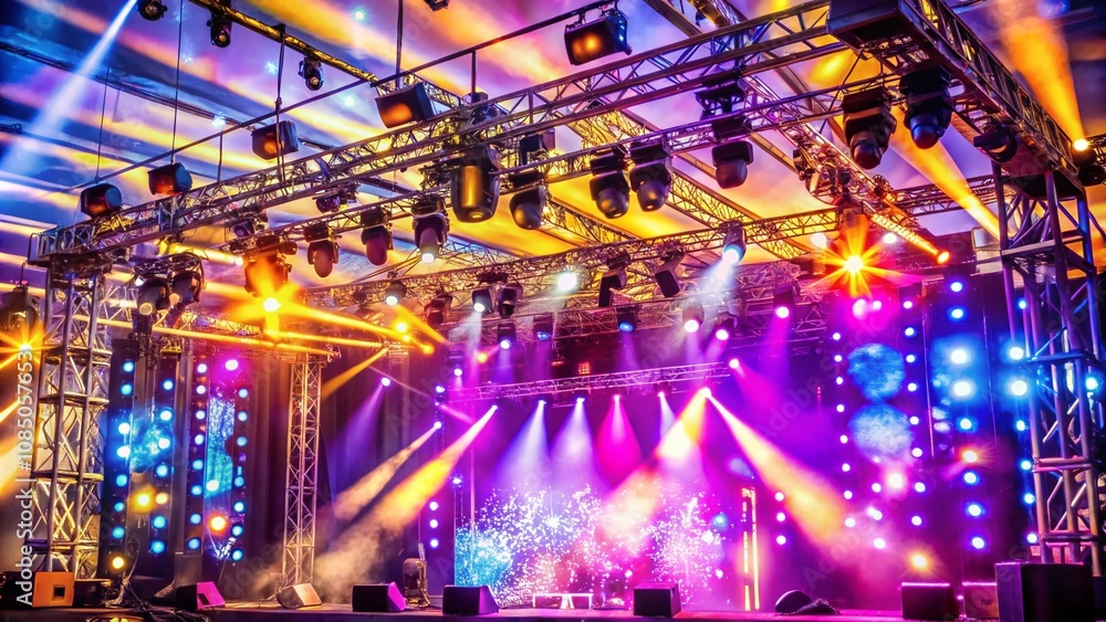 Poster stage show truss construction with lights and sound system for concert performance business featurin