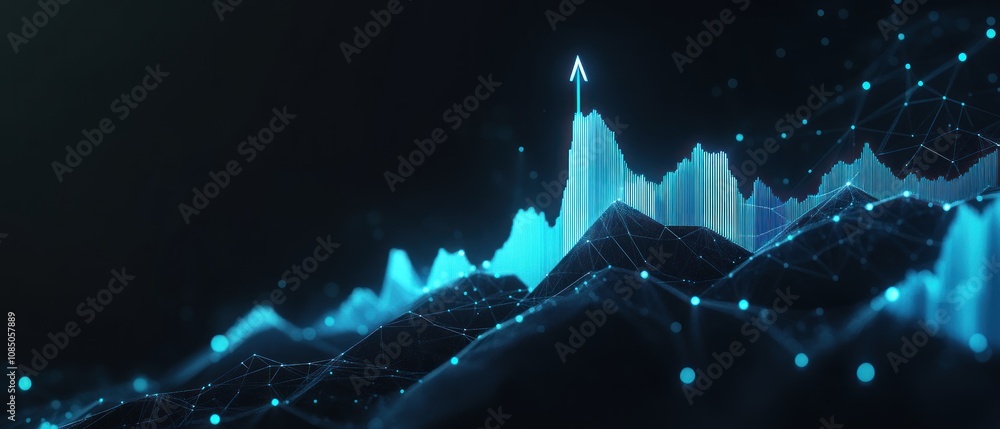 Poster abstract digital graph showcasing data trends and analytics in blue tones.