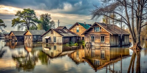 Obraz premium Abandoned Homes Half-Underwater After Flood, Debris Floating, Depicting Climate Change's Devastating Impact on Human Habitation and Urban Environments
