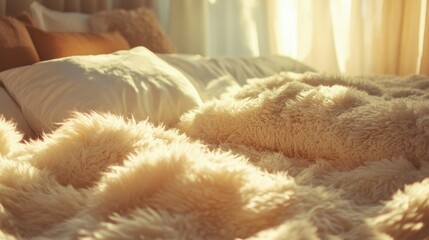 Cozy bed with fluffy white pillows and a textured blanket creating a relaxing atmosphere