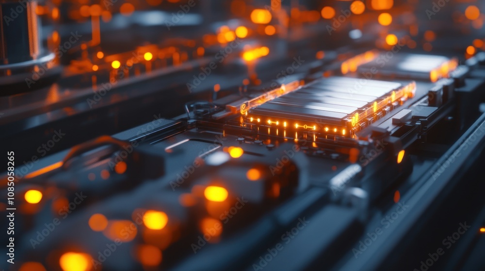 Poster a close-up view of a circuit board with glowing components and connections.