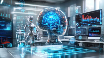 Fototapeta premium Technology driven indoor holographic projection robot and brain