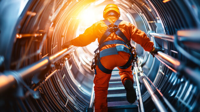 Climbing technician in safety gear ascends spiral staircase inside wind turbine, showcasing importance of safety and technology in renewable energy