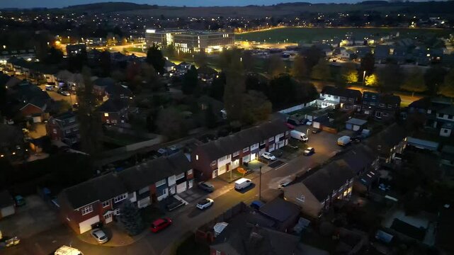 Aerial Footage of Illuminated Luton City, Barton Road A6 at Cold Night. High Angle View was Captured During Rainy and Cloudy Night over England UK. Captured with Drone's Camera on November 16th, 2024