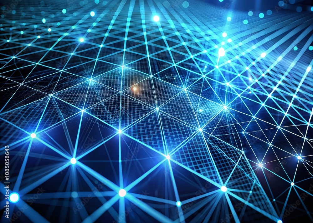 Poster stunning double exposure imagery of 3d mesh with simple grid blue lines on dark background, abstract