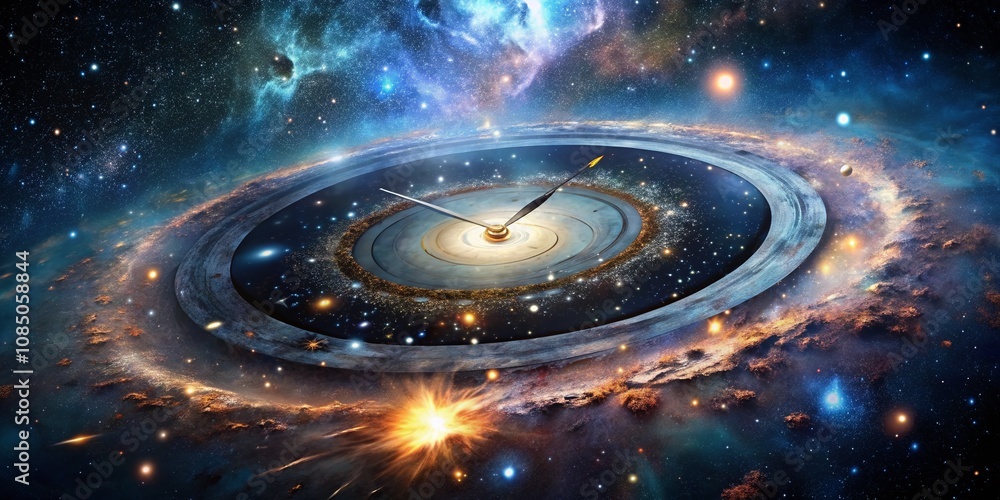 Aufkleber stunning drone photography of a cosmic scene featuring a time clock disintegrating a galaxy, symboli