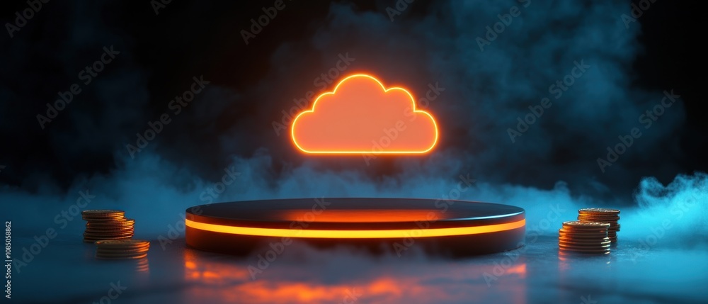 Poster a glowing cloud symbol above a circular platform surrounded by fog and coins.