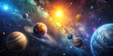 Stunning Drone Photography of a Cosmic Hand-Drawn Scene with Vibrant Planets, Shimmering Stars, and a Radiant Sun Against a Deep Space Background