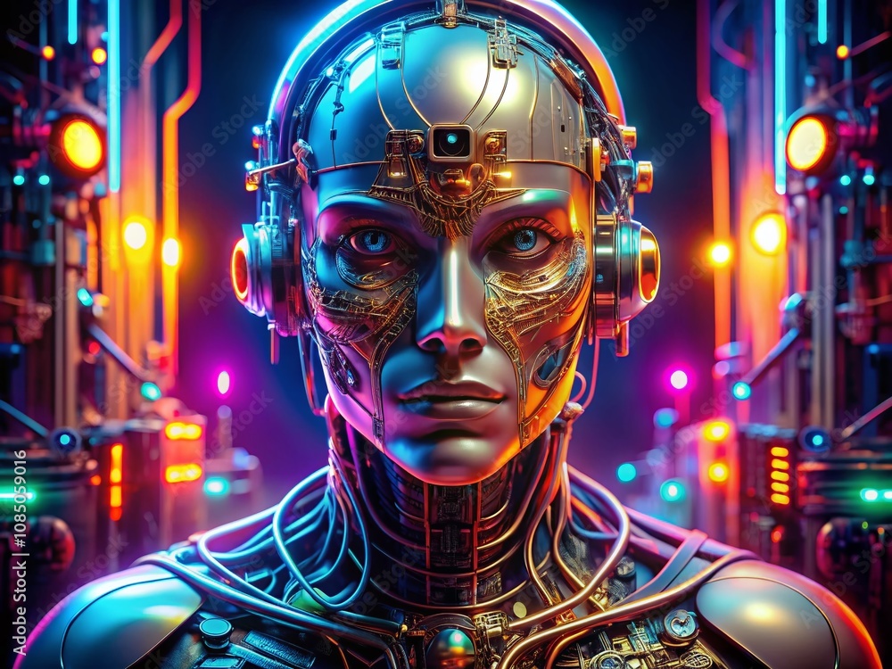 Poster stunning futuristic robotic visage with neon circuits showcasing cybernetic style in a dynamic produ
