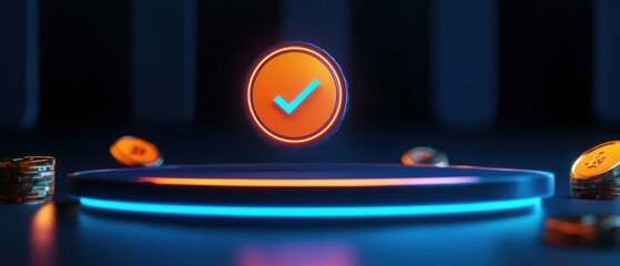 A glowing checkmark icon above coins, symbolizing approval or success.