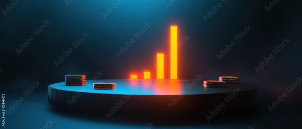 Aufkleber a glowing bar chart on a circular platform, symbolizing data growth.