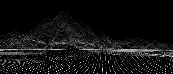 A black and white image of a mountain range with a lot of dots © yurakrasil