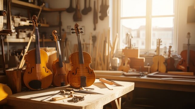 A sunlit studio with setups for handcrafting bespoke musical instruments, featuring woods, strings