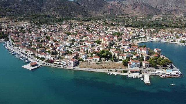 Aerial footage of Galaxidi town on the west coast of the Gulf of Itea in Phocis, Greece