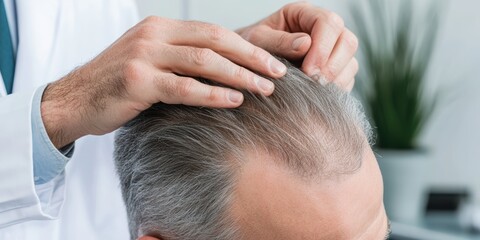 Fototapeta premium Doctor demonstrating hair restoration benefits in a clinic setting professional consultation health and wellness focus