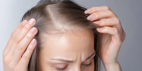 Fototapeta premium Woman applying hair thickening solution for thinning fine hair at home self-care close-up view personal care