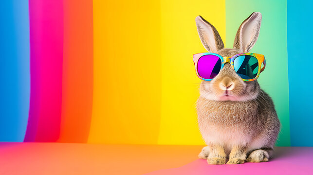 A trendy bunny rocks colorful oversized sunglasses against a vibrant rainbow background, exuding charm and charisma, ready for summer fun!