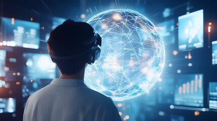 Naklejka premium A futuristic learner immersed in virtual reality, exploring a dynamic world of interconnected knowledge and possibilities.