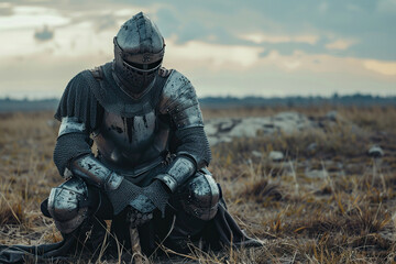 A fantastic royal knight in armor guards the castle chambers