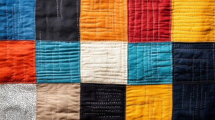 A vibrant patchwork quilt featuring an array of colorful squares in various textures and patterns, showcasing creativity and craftsmanship.