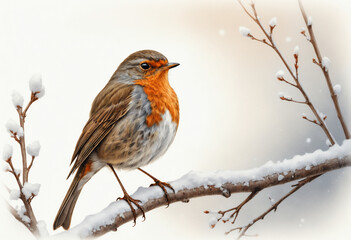 Robin Perched on a Snowy Branch in Winter Scene