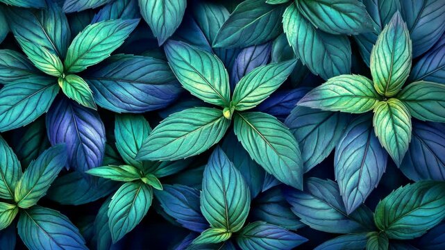 A dense collection of vibrant teal mint leaves are shown in a close-up photograph