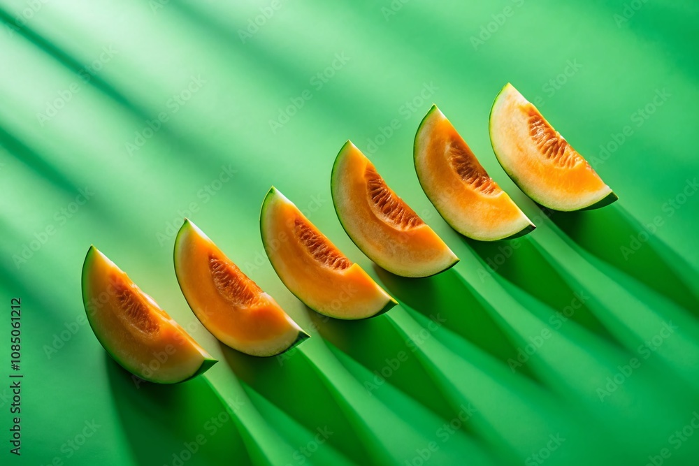 Poster surreal arrangement of four melon slices on a vivid green background with intriguing shadows creatin