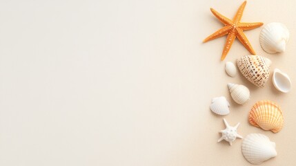 Obraz premium A collection of various seashells and a starfish arranged on a light sandy background, evoking a coastal, beach-themed aesthetic.