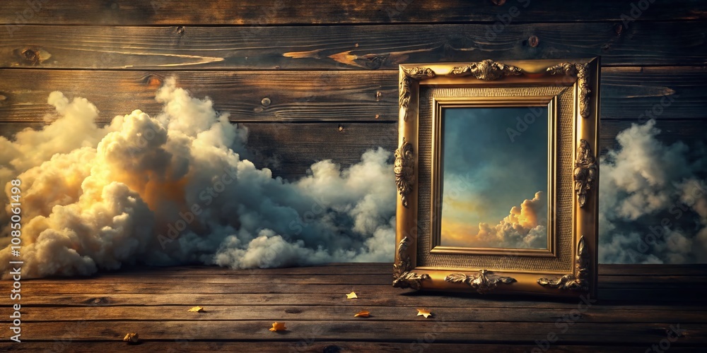 Poster surreal composition of an empty black and gold picture frame on a rustic wooden table surrounded by 