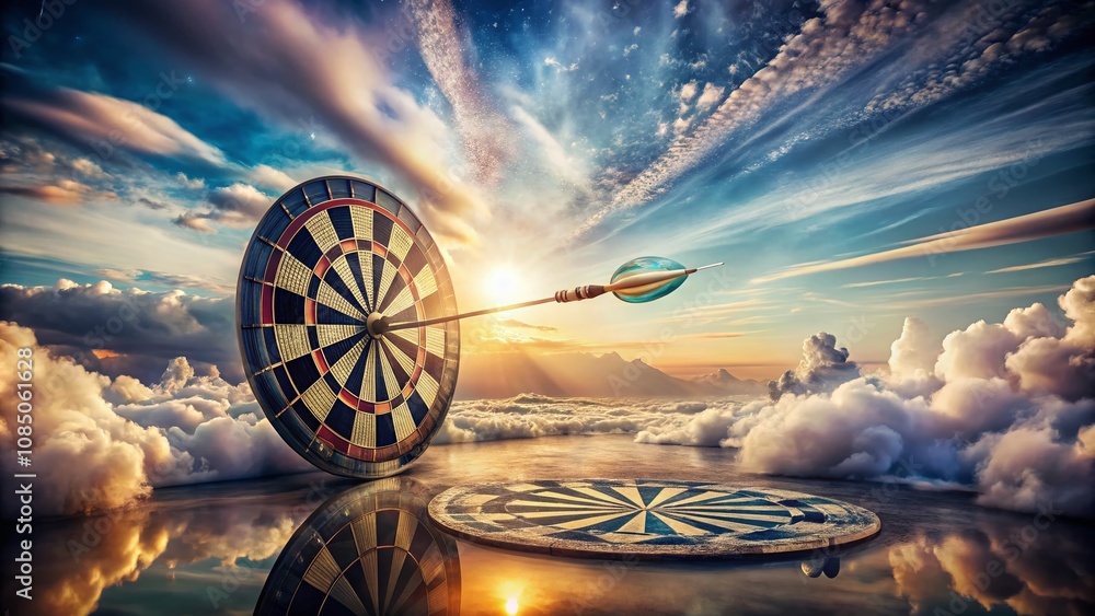 Poster surreal dart imagery on a white background featuring a dartboard in a dreamlike landscape with abstr