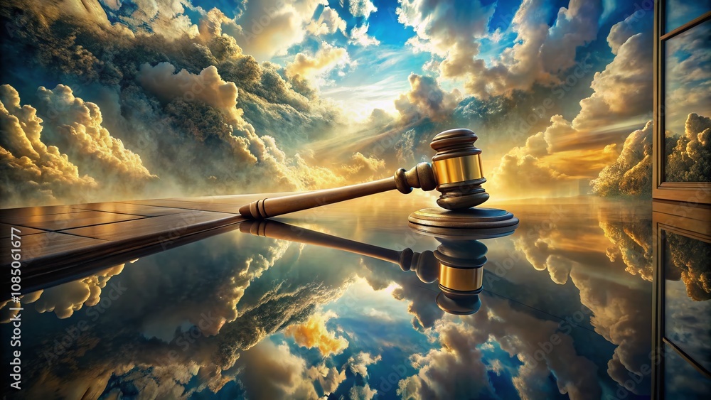 Poster surreal depiction of a judge's gavel resting on an enigmatic table surrounded by dreamlike elements 