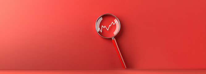 Concept Investing mistake Fail In Business A magnifying glass with a red handle reveals a fluctuating graph on a red background, symbolizing analysis and finance.