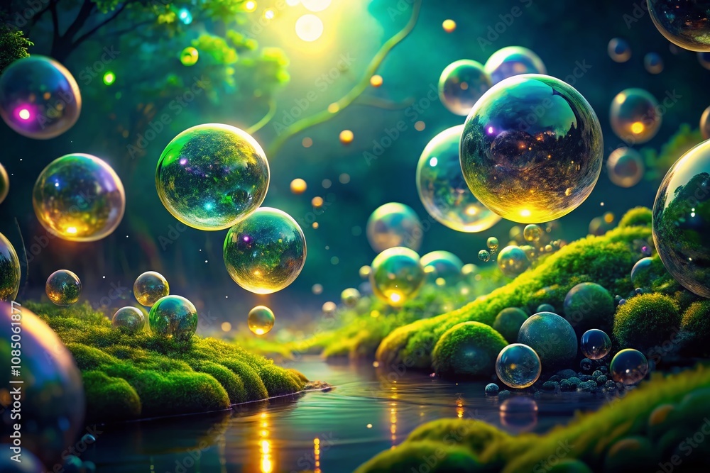 Poster surreal exploration of neon green bubbles in an ethereal landscape with dreamlike elements and abstr