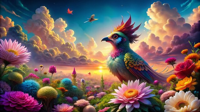 Surreal Emos Bird in a Dreamlike Landscape with Ethereal Colors and Whimsical Elements Capturing the Essence of Emotion and Freedom in Nature