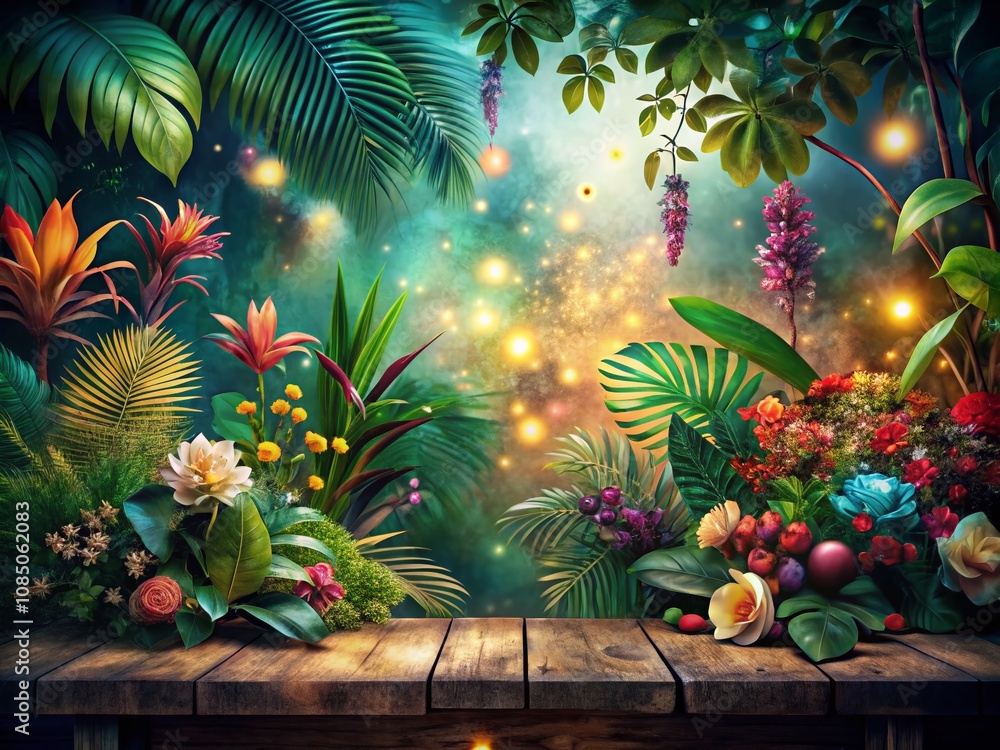 Poster surreal jungle table background: an ai-crafted fusion of nature and technology for captivating visua