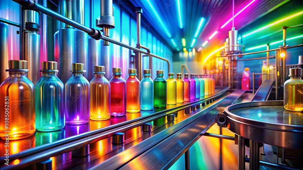 Poster surreal scene of colorful cosmetic bottles on a conveyor belt in a dreamlike factory setting with so