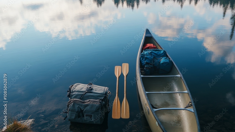 Poster a tidy canoe setup with paddles and safety gear neatly arranged by a calm lake, a serene lakeside wi