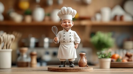 Charming Chef Figurine in a Cozy Kitchen Setting with Culinary Tools and Ingredients in the Background