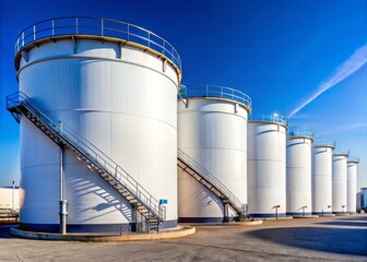 Crude Oil Storage Tanks in Petroleum Refinery with Blue Sky - Industrial Fuel Tanks Grouping for Energy Production and Environmental Impact Studies