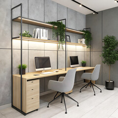 Fototapeta premium Modern shared workspace with wooden desk, sleek chairs, and indoor greenery accents